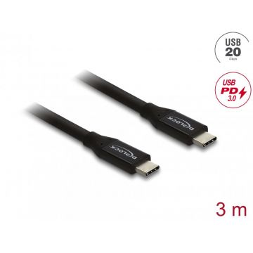 Cablu Coaxial USB 20 Gbps 60W PD 3.1 3m Negru, Delock 81708