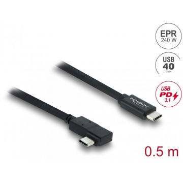 Cablu Coaxial USB 40 Gbps 240W PD 3.1 drept/unghi 90 grade 0.5m Negru, Delock 81709