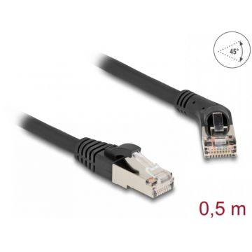 Cablu de retea RJ45 6A S/FTP drept/unghi 45 grade dreapta 0.5m Negru, Delock 80488