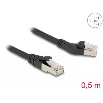 Cablu de retea RJ45 6A S/FTP drept/unghi stanga 45 grade 0.5m Negru, Delock 80598