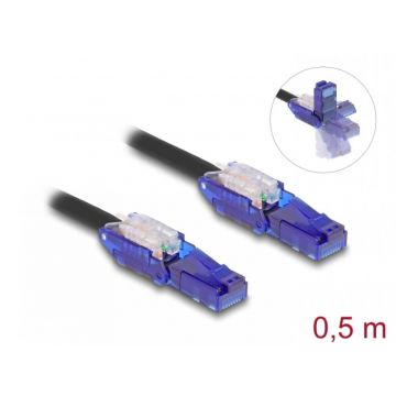 Cablu de retea RJ45 Cat.6 UTP conectori in unghi 180 grade 0.5m Negru, Delock 80925