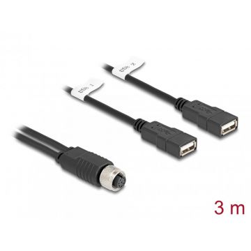 Cablu M12 A-coded 8 pini la 2 x USB 2.0-A M-M 3m, Delock 60651