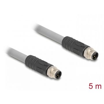 Cablu M12 L-coded 5 pini PUR/medii industriale T-T 5m Gri, Delock 80536