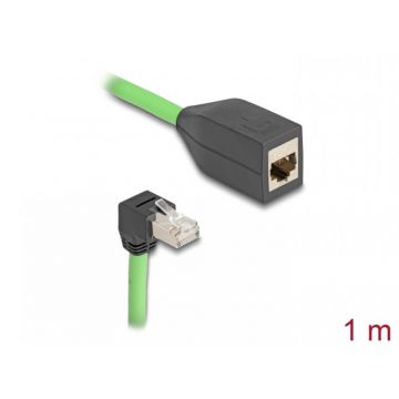 Cablu prelungitor de retea RJ45 Cat.6A SFTP drept/unghi jos TPU 1m Verde pentru medii industriale, Delock 80886