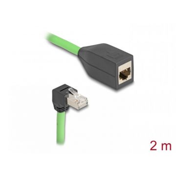 Cablu prelungitor de retea RJ45 Cat.6A SFTP drept/unghi jos TPU 2m Verde pentru medii industriale, Delock 80887