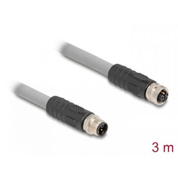 Cablu prelungitor M12 L-coded 5 pini PUR/medii industriale T-M 3m Gri, Delock 80540