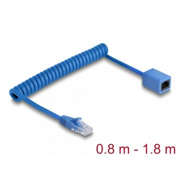 Cablu prelungitor spiralat RJ45 Cat.6 UTP max 1.8m Albastru, Delock 90366