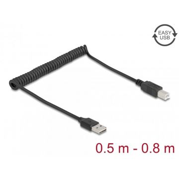 Cablu spiralat EASY USB 2.0-A la USB-B T-T max 0.8m, Delock 90130
