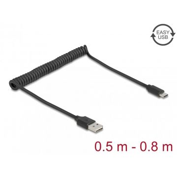 Cablu spiralat EASY USB 2.0-A la USB type C T-T max 0.8m, Delock 90133