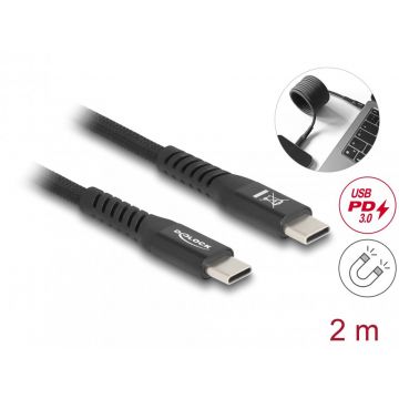 Cablu USB 2.0 Type C cu invelis magnetic PD 3.0/60W 2m Negru, Delock 81120