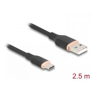 Cablu USB-A 2.0 la USB type C T-T 2.5m silicon Negru, Delock 81227