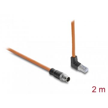 Cablu de retea M12 X-coded 8 pini la RJ45 S/FTP drept/unghi sus 2m Portocaliu, Delock 81000