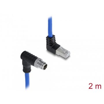 Cablu de retea M12 X-coded 8 pini la RJ45 S/FTP unghi jos/unghi sus 2m Albastru, Delock 81012