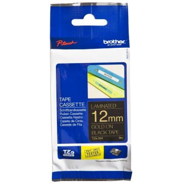Banda de etichete TZE334, 12MM, auriu pe negru